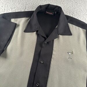 Steady Shirt Mens L Short Sleeve Two Tone Bowling Martini Embroidered Black Gray